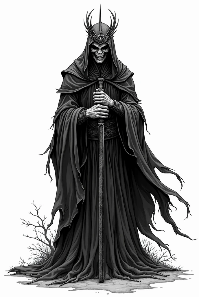Drawing line art design for sticker of: The king of angmar from lord of the rings, floating Reaper, scyscraper, wear templar cros crown, dark Taoist robes, white background, the corpse faces