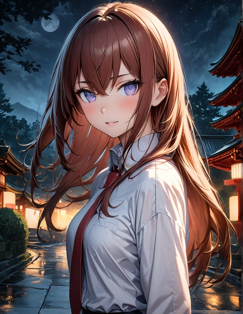 (makise kurisu, Steinsgate),((style:Colored pencil,pale colour))、,(Official Art、Highest quality、Unity 8k wallpaper、32K、masterpiece、Ultra-detailed、Ultra-high resolution、Realistic、Photorealistic:1.2)、(Cinema Lighting:1.2)、Fire Glow Effect、The most grainy shadows on the film、Rim Light、Side light、(Ultra-detailedで複雑な3Dレンダリング)、細部までBeautiful Faceと目、Slender、Medium Bust、(whole body:1.2)、(Side Shot、avert your eyes:1.2)、(Mysterious、moonlight)、Highly detailed background、Beautiful Face、Beautiful girl、(Ultra-detailedなスキン、Detailed skin texture:1.3)、Japanese garden、Cowboy Shot、Tree with red leaves on the background of the tower々, Japan at Night, Japan Tourism, Japan Deeper Journey Exploration, Japanese Temples, Pagoda, at night!!, Set it to night, at night!, Beasts, Vivid!!, Japan at Nightの街, panoramic, Ancient Japanese architecture, by Torii Kiyomasu II, November, Kyoto Japan Setting