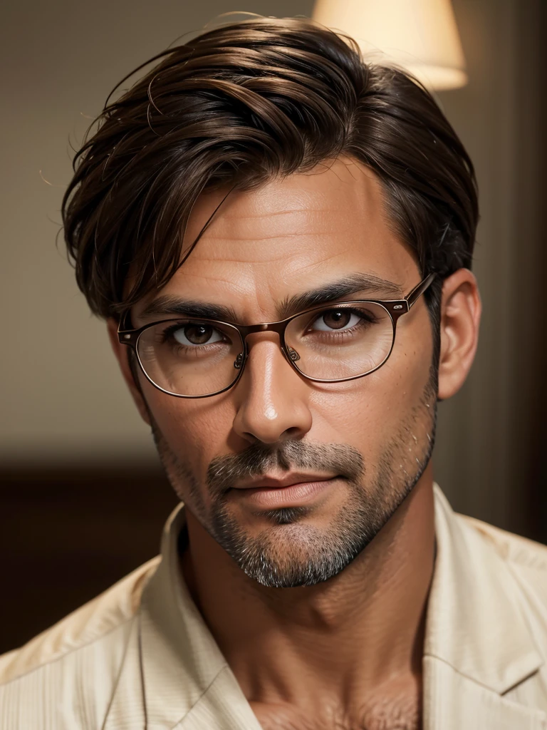 (best quality), 1boy, Male, 40 years old, mature male, tanned skin, brown hair, short hair, tousled hair, bangs, brown eyes, perfect eyes, light beard, glasses, elegant, handsome, strong jawline, suit, therapist, masterpiece, anatomically correct, highres
