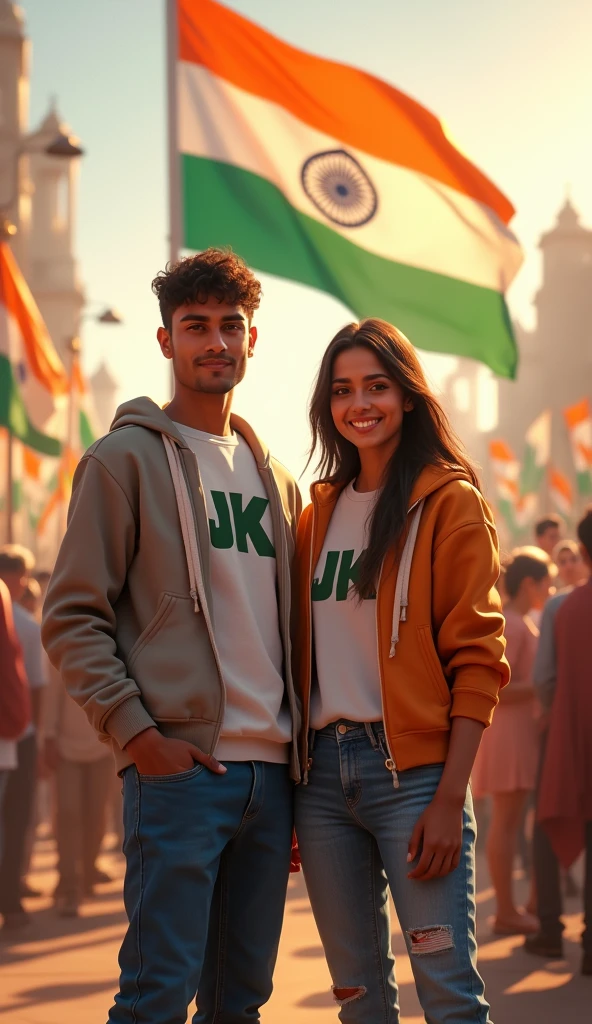 A real 18 year old Indian girl and boy named Cutee, standing proudly in front of the Indian flag, girl and boy wearing a morden clothes with ‘ JK ’ written on it. and the background features a festive atmosphere with tricolor decorations and other people celebrating Independence Day