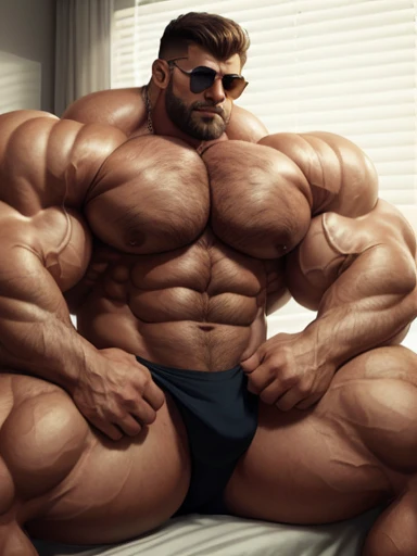 brutalmass, a very handsome young man, bodybuilder, exaggeratedly huge, very hairy body, sunglasses, shirtless, exaggeratedly muscular body, exaggeratedly huge muscles, with exaggeratedly huge pecs, sitting on a bed