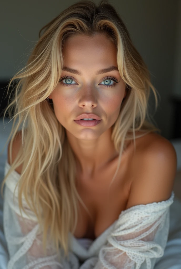 arafed woman fully , sexy girl with blue eyes, ultra realistic, meticulously detailed, portrait sophie mudd, blonde hair and large eyes, selfie of a young woman, bedroom eyes, violet myers, without makeup, natural makeup, looking directly at the camera, face with artgram, subtle makeup, stunning full body shot kneeling on bed, in bedroom, medium to large size bust mixed race