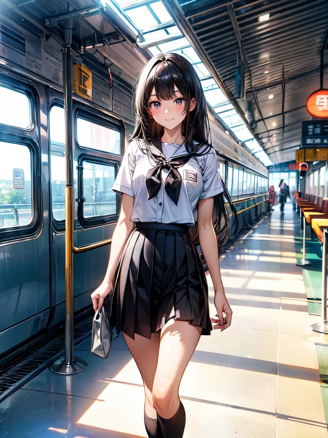 8K, (masterpiece, best quality:1.3), ((bokeh)), (short focus lens:1.4), Anime CG style, Japanese, 1 lady, medium shot, (face light:1.2), cinematic lighting, sharp focus, (Left to Right Balance), beautiful eyes, (Perfect Hands,Perfect Fingers,Perfect Limbs,Perfect Body,Correct Human Body,Perfect Image Realism,Perfect Anatomy), (shiny skin, detailed skin), (black hair:1.2), long straight black hair:1.3, gray eyes, Japanese schoolgirl sailor-style uniform, pleated skirt, knee-high socks, random porn pose, standing, (small breast), beautiful body, model body type, teacher, serious and vigilant, (lovely smile), (beautiful scenery), (modern train station during daytime, spacious concourse, glass and steel architecture, sunlight streaming through large windows, people walking, digital information boards, clean and sleek design), very wide, panorama view, sense of depth, magnificent view, 