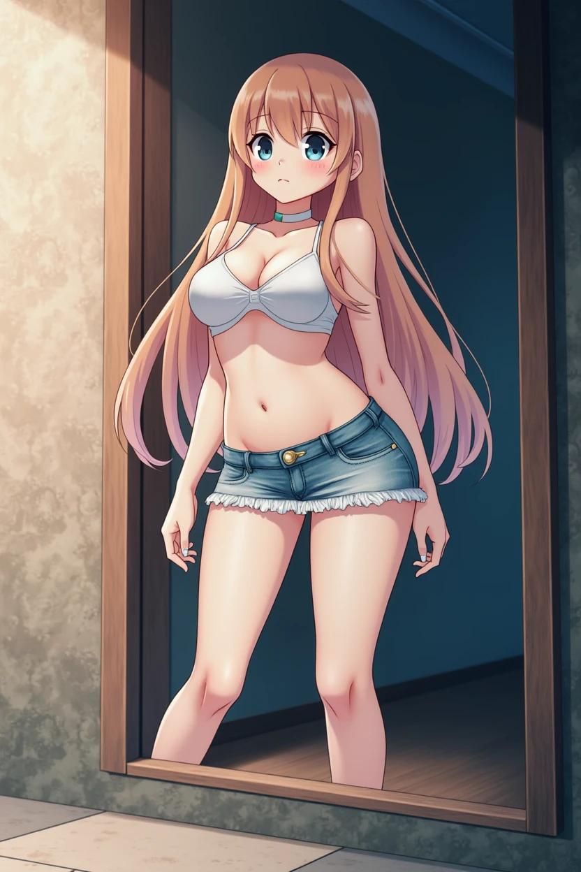 mini denim skirt,Clothes that don't fit,Clothes that seem to be bursting,Busty as if bursting,Underboob,Cleavage