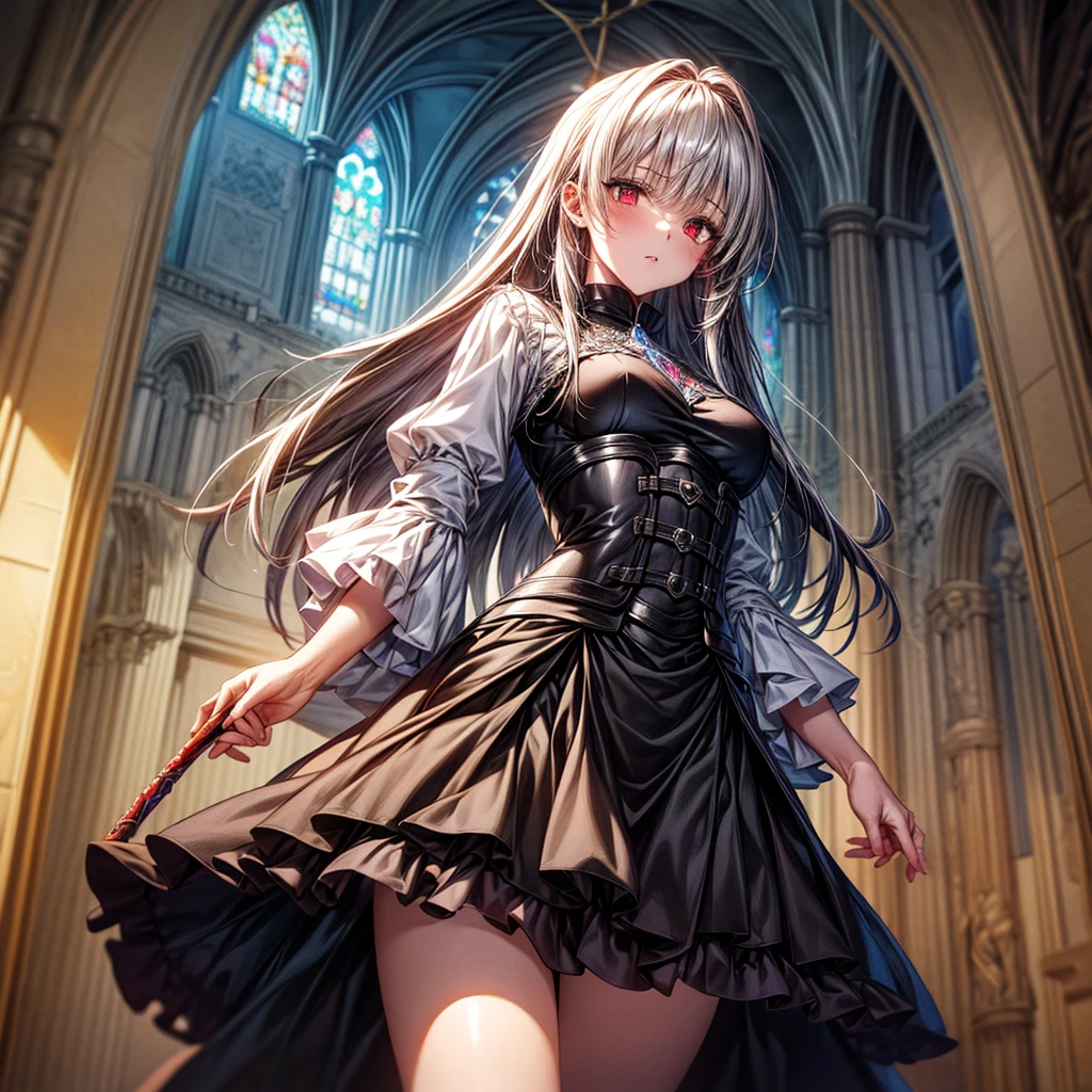 quality,8k,Highly detailed CG unit, masterpiece,High resolution,top-quality, real texture skin,Surreal,Increase the resolution,RAW Photos,最高quality,Very detailed,From below,Cool Beauty,Glamour Women, Cute pose,Gothic Lolita,A skirt full of frills,Red accent embroidery,long hair shining white, Mysteriously glowing crimson eyes, Queen, world, Crystal Flower,Sparkling stained glass like a kaleidoscope,Majestic cathedral,Layered skirt with details, Detailed embroidery, Very layered ruffles, Detailed Texture,A geometric magic circle above your head,Ornamented silver walking stick,The hidden forbidden sanctuary,