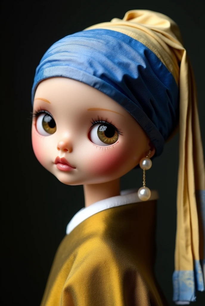 Blythe doll “Girl with a Pearl Earring” by Jan Vermeer, half-turned, looking at the viewer, a turban on her head, a pearl earring in her ear