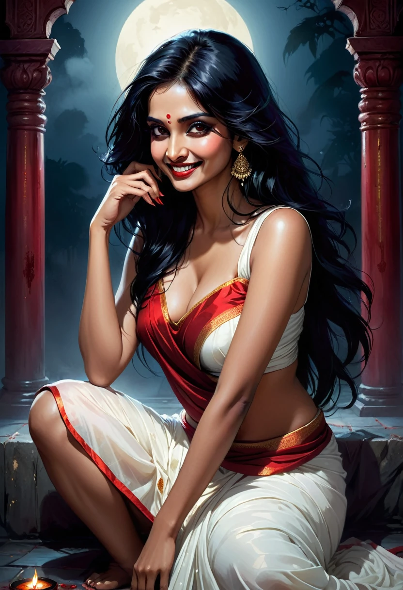 Digital illustration with a dark, eerie style. The layout features a central figure, an indian woman with long, disheveled black hair, towards the viewer., sitting with a sensual pose, one hand is calling someone, Her skin is pale, and her eyes are glowing white, cleavage, (full body) (sensual pose) sexy round figure, fantastic beautiful face, scary looks, cruel smile on face, blood on teeth, giving her a menacing appearance. She has a wide, sinister grin with sharp teeth. The woman is dressed in a white sari with red border (sleeveless) , dark atmosphere, bluish night effect,