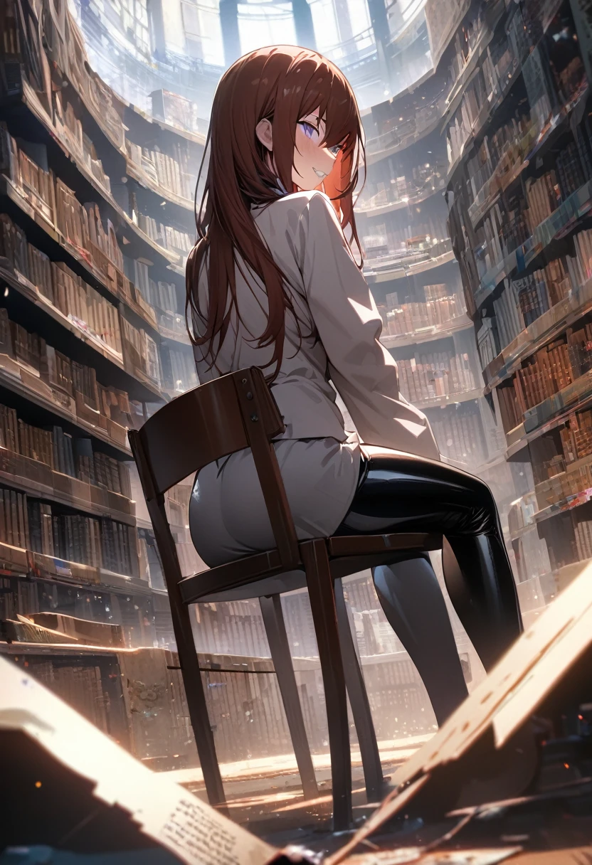 (makise kurisu, Steinsgate),masterpiece, extremely detailed cg unity 8k wallpaper, incredibly Absurd, Highest quality, High resolution, wallpaper, 1 girl, Grin, Upper Body, indoor, library, sit, Chair, Style your hair, look back, Surrealism, Depth of written boundary, reflected light, Absurd, Glitch, ((masterpiece,Highest quality)), Dynamic Angle, (Beautiful and delicate face:1.1), Lonely,(1 girl:1.3), Absurd,(masterpiece, Highest quality:1.2), Full Body Shot, Lonely, Latex tights, woman&#39;Focus of, 1 girl, The thighs are a little thick, latex elbow gloves, Narrow shoulders, Wide Hips, Has eyelids, Look at the screen, Fuller lips, A gentle smile, Red lipstick, Place your left hand on your hip, Place your index finger on your lower lip, Dark atmosphere, Dim lighting,