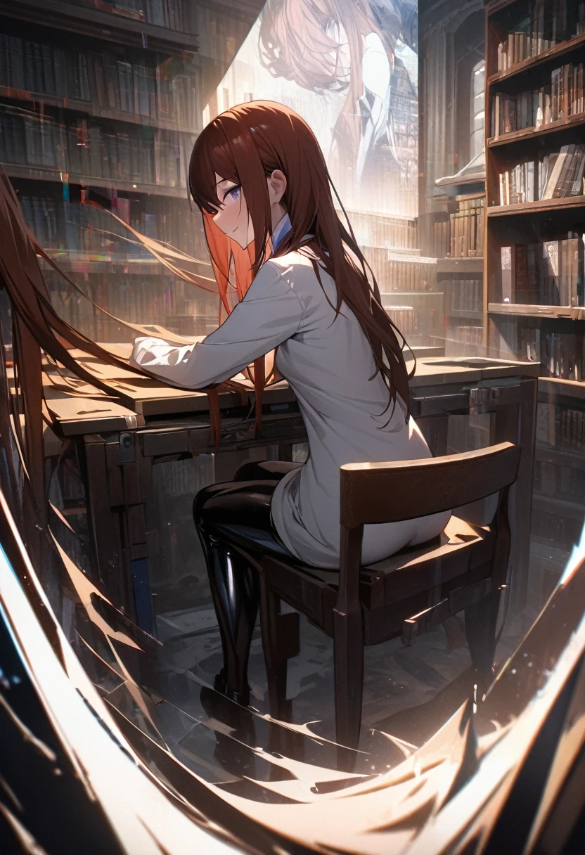 (makise kurisu, Steinsgate),masterpiece, extremely detailed cg unity 8k wallpaper, incredibly Absurd, Highest quality, High resolution, wallpaper, 1 girl, Grin, Upper Body, indoor, library, sit, Chair, Style your hair, look back, Surrealism, Depth of written boundary, reflected light, Absurd, Glitch, ((masterpiece,Highest quality)), Dynamic Angle, (Beautiful and delicate face:1.1), Lonely,(1 girl:1.3), Absurd,(masterpiece, Highest quality:1.2), Full Body Shot, Lonely, Latex tights, woman&#39;Focus of, 1 girl, The thighs are a little thick, latex elbow gloves, Narrow shoulders, Wide Hips, Has eyelids, Look at the screen, Fuller lips, A gentle smile, Red lipstick, Place your left hand on your hip, Place your index finger on your lower lip, Dark atmosphere, Dim lighting,