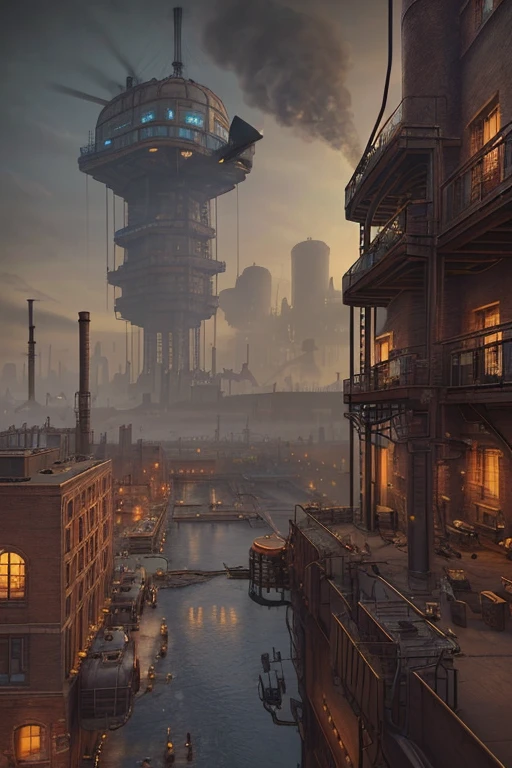 Industrial city, Surround with a wall, steampunk. there is a hotel, living area, ((Airships)) in the sky, City Gate, rusty and heavy, smoke, a fireplace, Plants, gears, technique, tall buildings, towers, steam power, steam pipes, Street lights, (bird's eye view), (Night time, Starry sky), (heavy rain), (crossroad), (cinematic lighting:0.8, super detail, blossom)