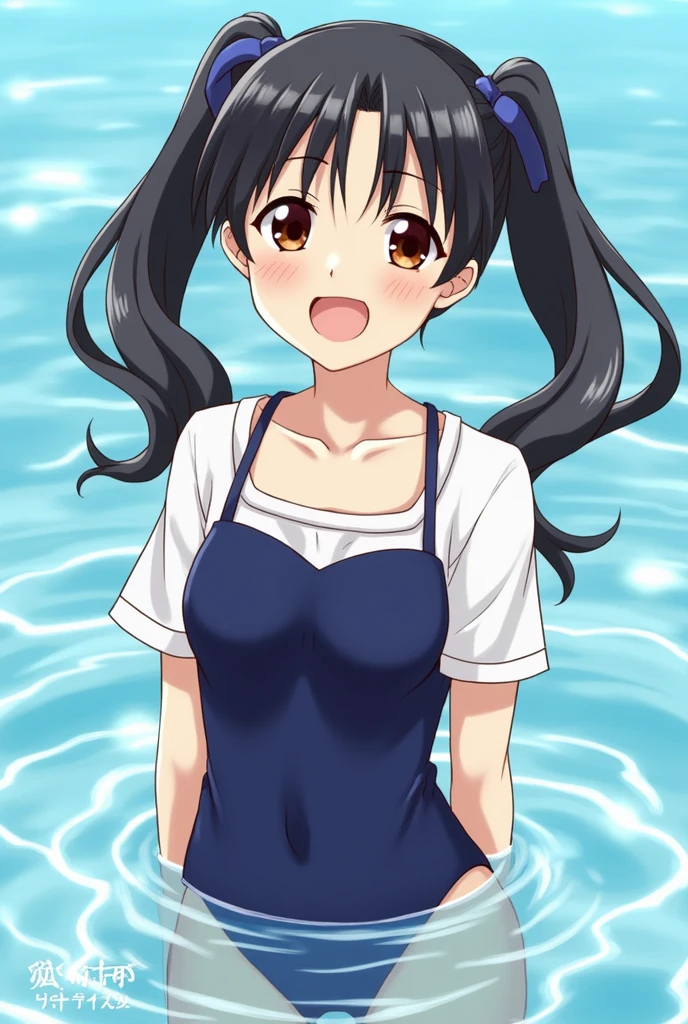 {Best Quality}, {very aesthetic}, {Ultra-detailed}, {Best Illustration}, nsfw, Navy blue swimsuit, Japan Student Swimsuit, One Piece Swimsuit, tits out, {nude}, Lots of love juice, Pussy, A dark-haired