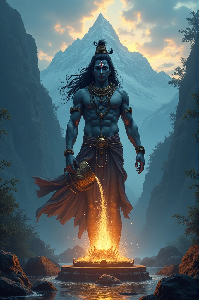 Generate an image of muscular lord Siva pouring water from his kamandal on the sivling with background of mountain and dark forest with lots of cosmic energy