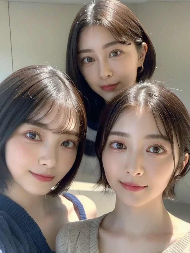 (masterpiece:1.3), (8k, Photoreal, Raw photo, best image quality: 1.4), Japanese high school girl、(random hairstyle:1.2)、cleavage:1.5、super detail face、eye for details、double eyelid、chest to chest、sharp focus:1.2、Beautiful woman:1.4、light brown hair、highest quality、masterpiece、超A high resolution、(Photoreal:1.4)、Highly detailed and professionally lit smiles、loose and light knitwear、shoulder out、thin、serious expression、short haired、deadly position
similar identical twins
All the girls have the exact same face, The two have the same face and figure, as if they were mirror images.
