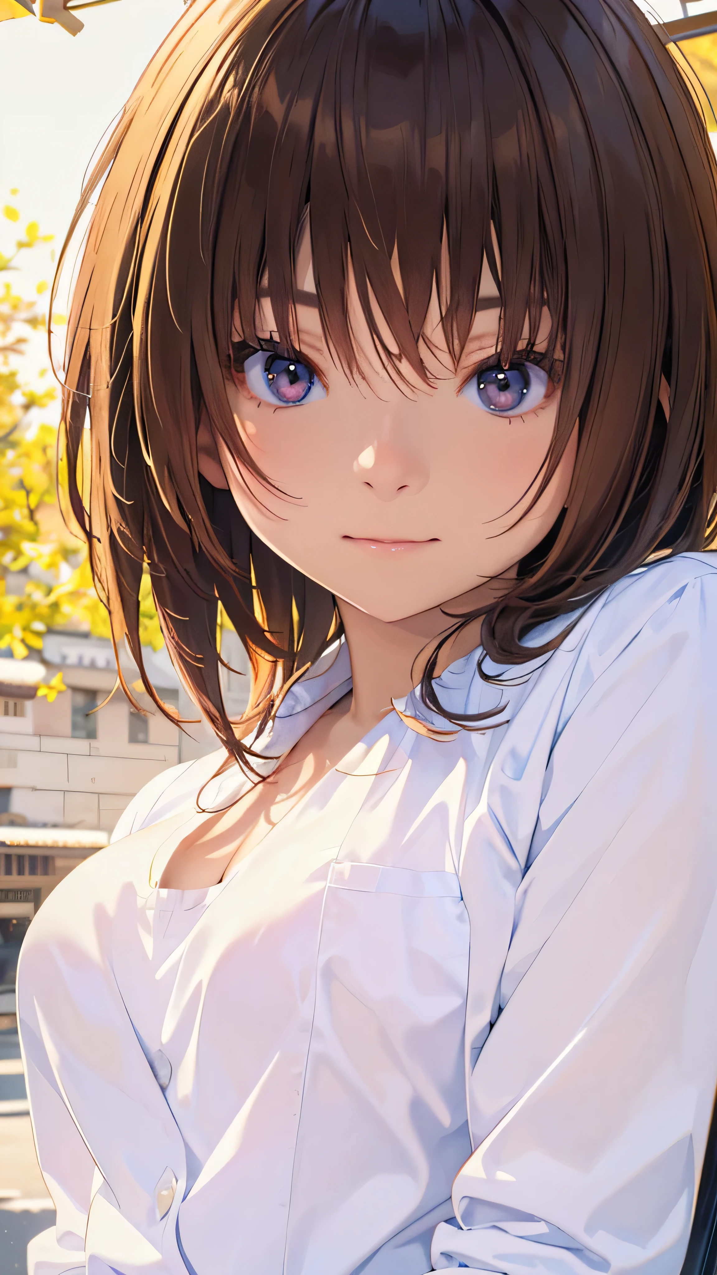 Official Art, wallpaper, Very detailed, (((Very detailedな目と顔))), Realistic portraits, (Highest quality, masterpiece, High resolution), (High resolutionスキン: 1.2), 8K Ultra HD, Backlight, Background Blur, smile, One Woman, Close-up of a woman in a white shirt, Beautiful feminine face, Attractive beautiful face, Beautiful face and perfect skin, Diffused, natural skin glow, Attractive and beautiful, Enveloped in golden light, Gorgeous and attractive face, Soft Golden Hour Lighting, natural beauty expressive pose, Soft golden light, Attractive girl, Beautiful woman face, Golden Background