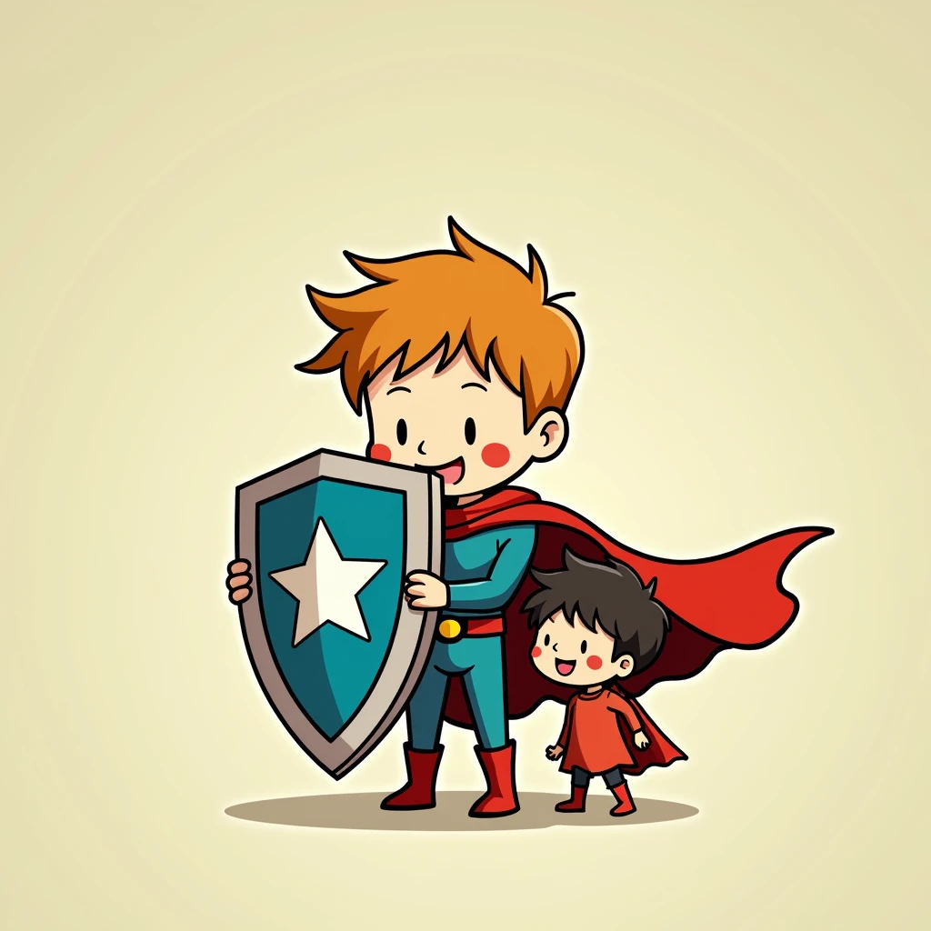 Two little kids boys holding a shield together,Shield against mature sexy woman doll,Simple comic style、Bright colors,