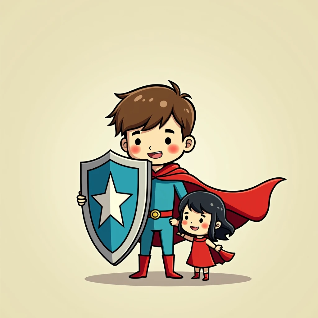 Two  boys holding a shield together，Shield against mature sexy woman doll，Simple comic style、Bright colors，