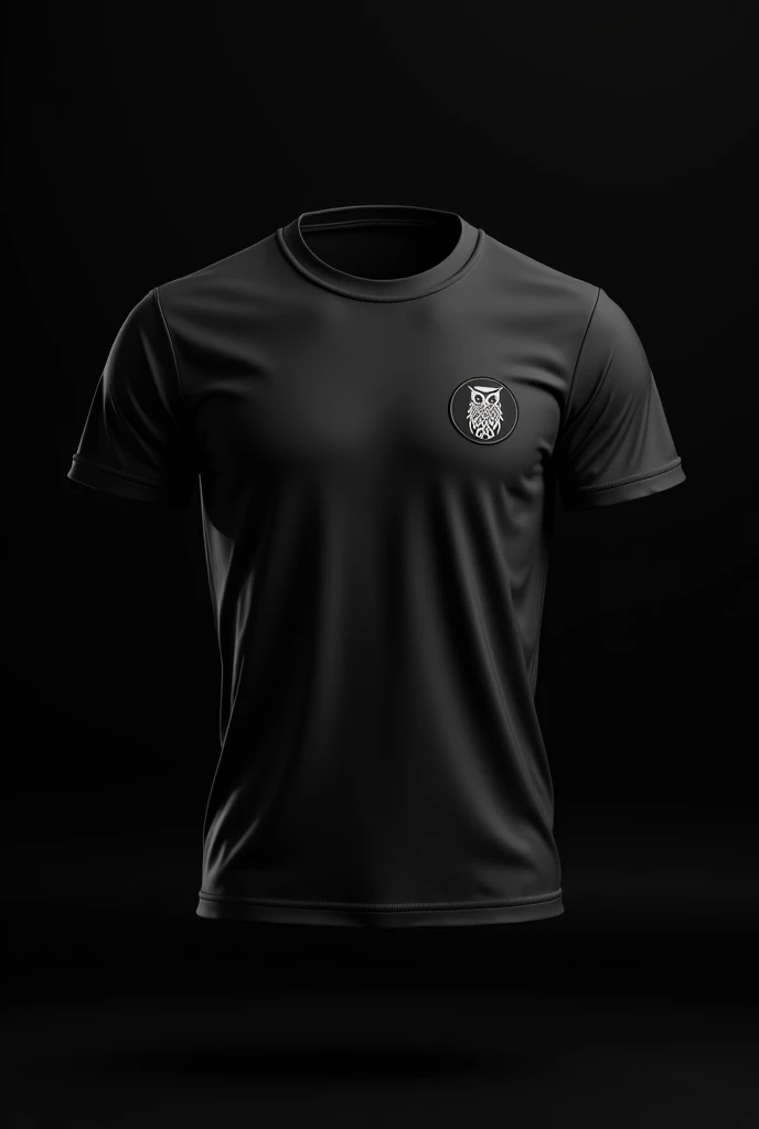 unisex black shirt, with the symbol on the front very small in the circular shape on the left side of an owl wearing a military beret
