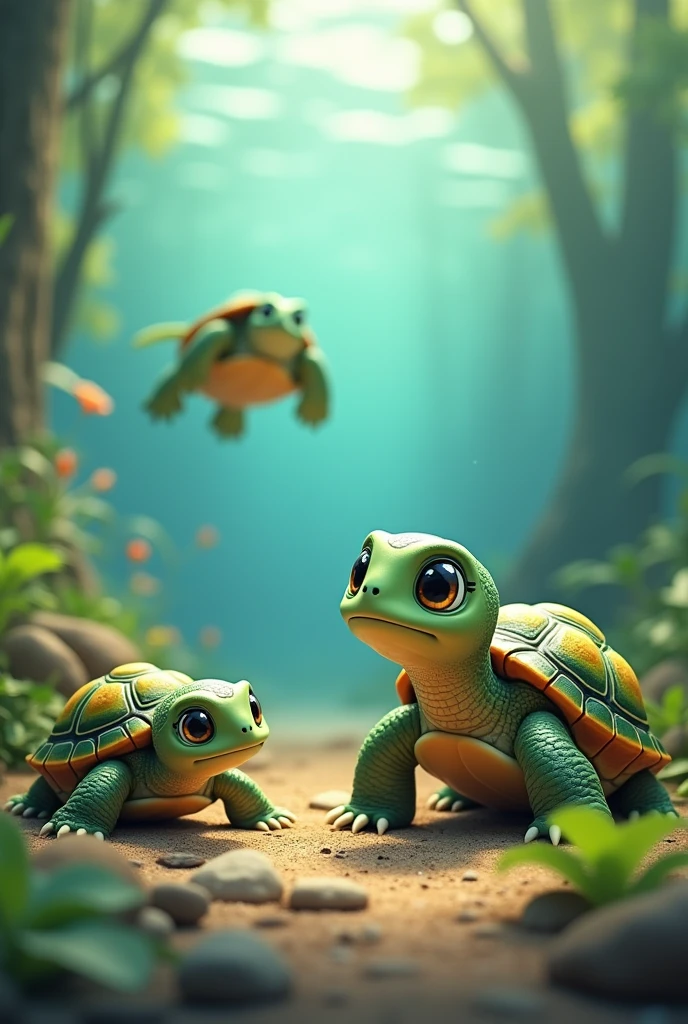 Trois tortues mignones, dont une tortue, une mère tortue de terre et une tortue de mer
