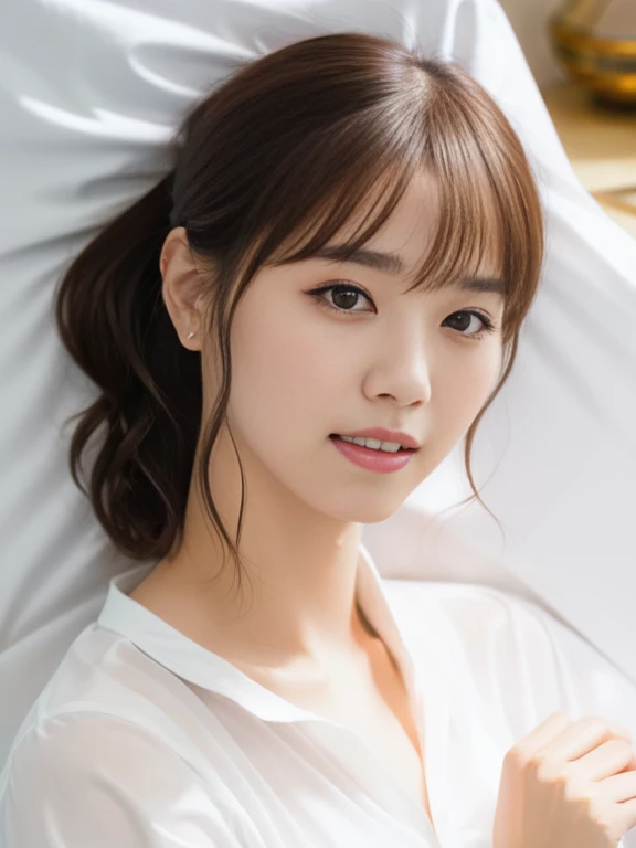 (Masterpiece, Best quality, 8K:1.3), (Ultra realistic, Photo-realistic:1.2), (From above:1.3), Full body, From side, (Crawling position:1.1), (Seductive pose:1.1), Natural light, 28 years old actress, Japanese women, Neat and clean, (White tennis uniform, White short-sleeve polo shirt:1.2), (unbutton:1.3), (White tennis mini skirt:1.2), White sock, (Beautiful thighs:1.1), (ponytail:1.2), (Short wavy hair:1.1), Light brown hair color, (Beautiful Face), Oval face, clear, Beautiful eyes, Kind eyes, Bedroom eyes, (Clear skin), Natural makeup, Small face, Small mouth, Beautiful mouth, Approachable, Luxury hotel Suite room, On bed, Seductive smile, Shy,