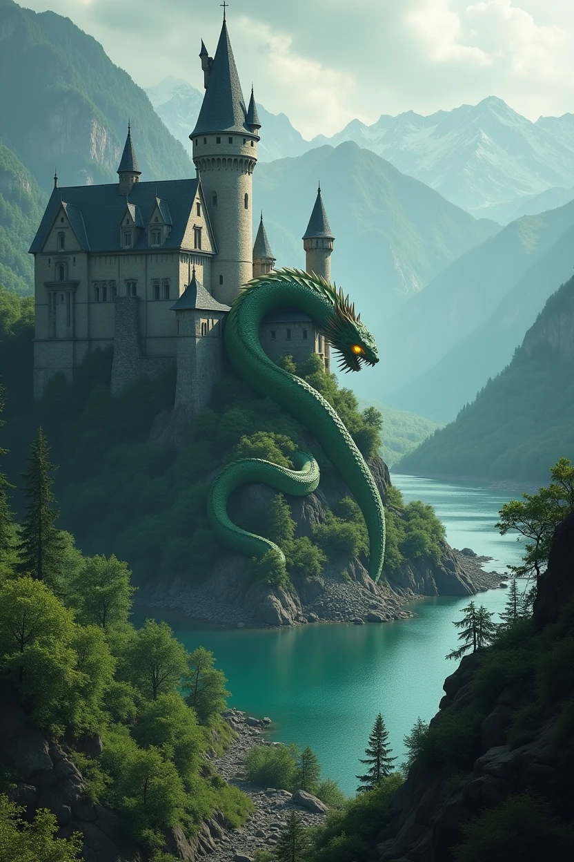 A striking cinematic poster featuring a desolated castle in ruins, with collapsed walls and broken towers. Majestic mountains loom in the background, and a dense forest surrounds the castle, adding to the eerie ambiance. In the foreground the large mountain lake surrounded with mountains, covered in lush forests. Massive emerald-green serpent emerges from the castle's debris. It sports a thick, vine-like body, sharp-edged scales, and a Chinese dragon-like head. The serpent's glowing yellow eyes stare intensely, while backward-curving horns adorn its head. haunting and captivating atmosphere., poster, cinematic
