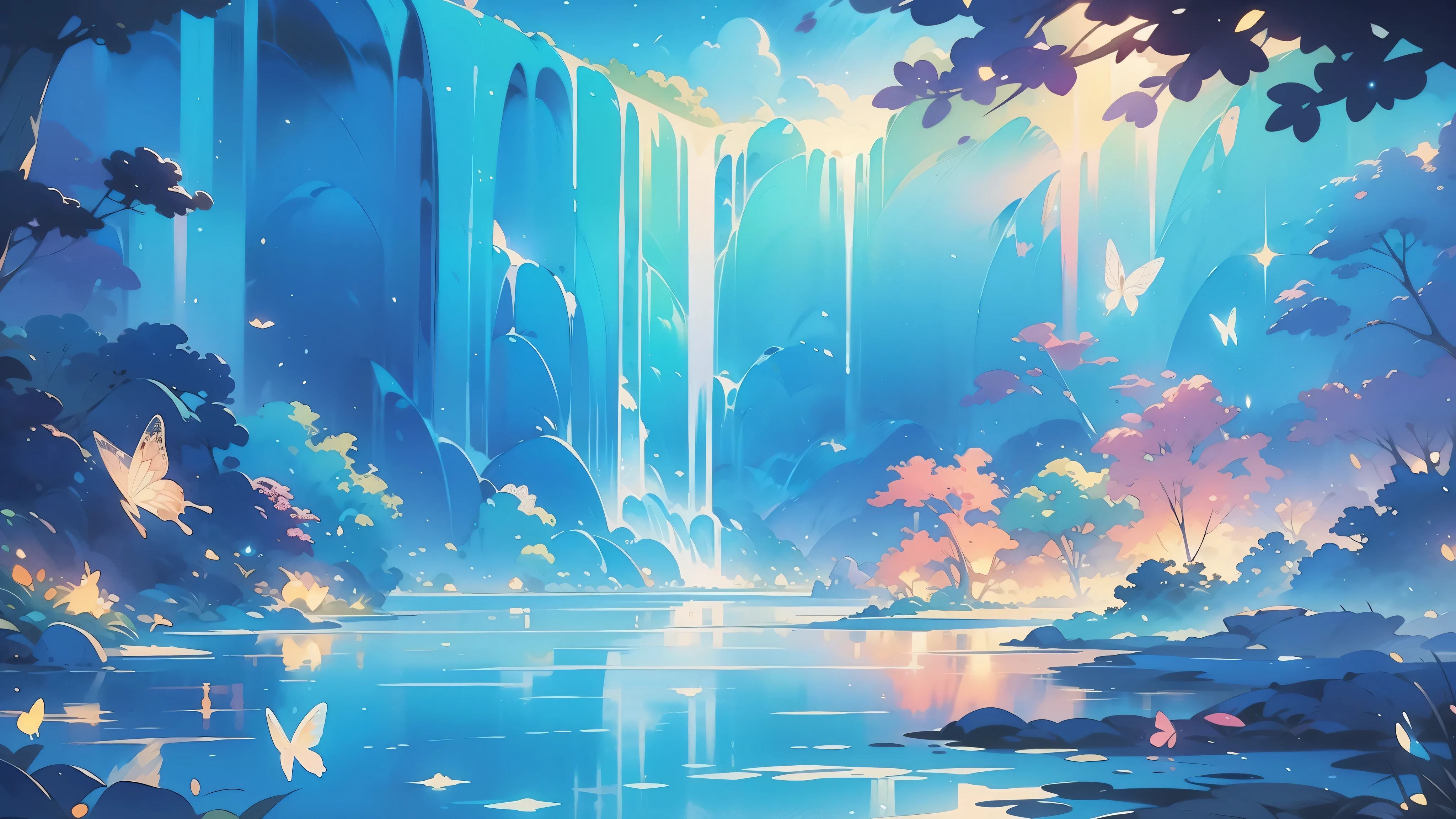 illustration, watercolor illustration, vibrant pastel colors, dreamy, colorful, whimsical, magical, masterpiece, best quality, sharp focus, intricately detailed environment, fine detail, 8k resolution, waterfall lagoon, (magical lagoon), (waterfall, lake), (glowing lights, fireflies, glowing butterflies