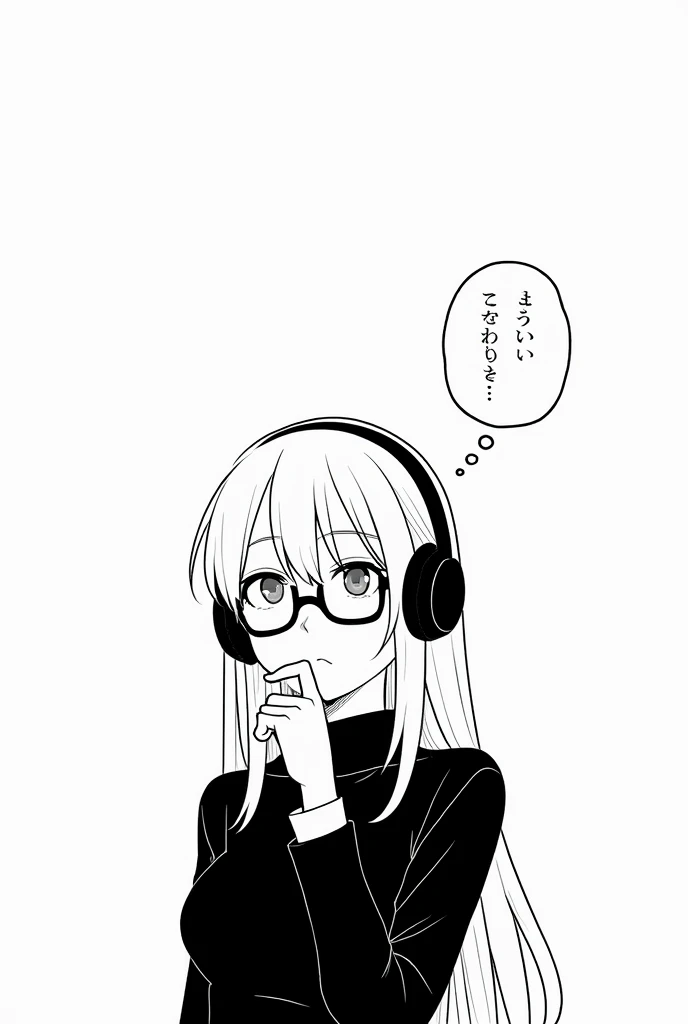 jujutsu kaisen, maki zenin wearing glasses and headphones. with a thinking bubble above her head. black and white background. 