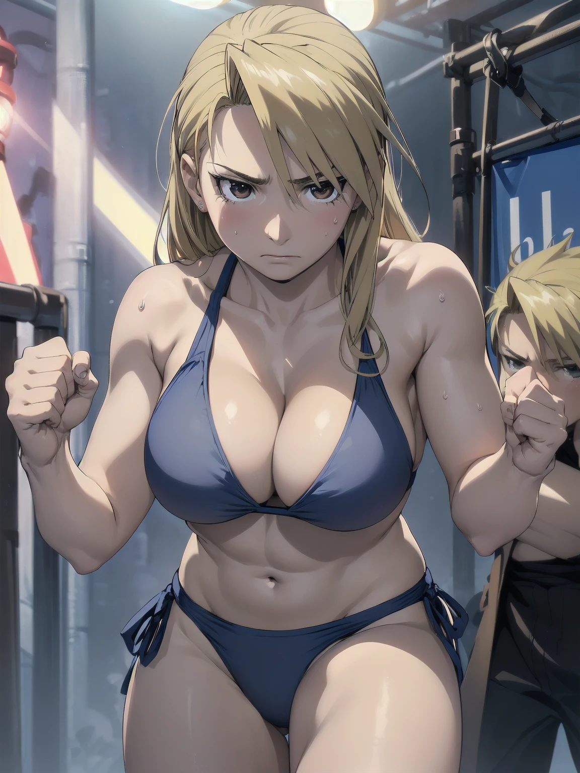 masterpiece, Highest quality, High resolution, One Girl, Hamriz, short hair、Brown eyes,big , マイクロbikini、Cowboy Shot、Muscular body、blush、Sweat、Composition from the front、anime、(((Light blue bikini、Stand in front、audience、Shaking breasts、 Fully exposed、Look forward)))、((Wrestling Arena)), (Fighting Pose、Long Hair、Boxing gloves、Female wrestler), (Slender body, 発Sweat, Embarrassing、blush), Mature Woman, Mature Woman, (bikini, Very sophisticated wrestling equipment)