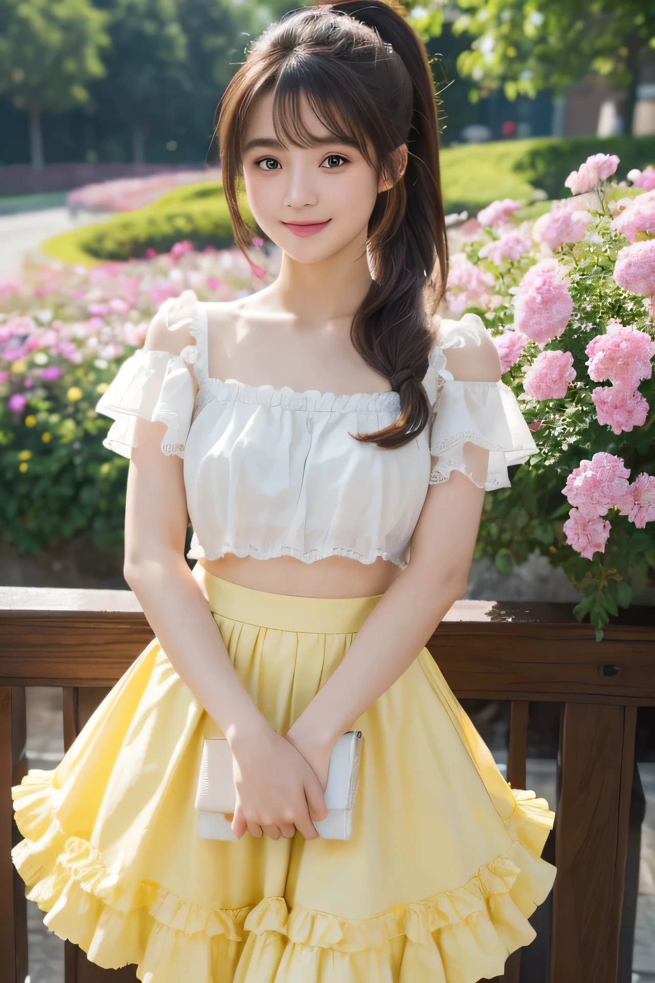 1 girl、Beautiful *********** girl from Prague、Smile、((brown hair))、(light yellow clothes)、(frilly skirt:1.3)、skin glowing、(Medium long hair)、(ponytail)、Eyeliner、Beautiful bangs、Hair between the eyes、((masterpiece、top quality、Sea of Flowers, Super detailed, intricate details、High resolution、Very detailed))、Background、8k、high quality 、See deeply、、