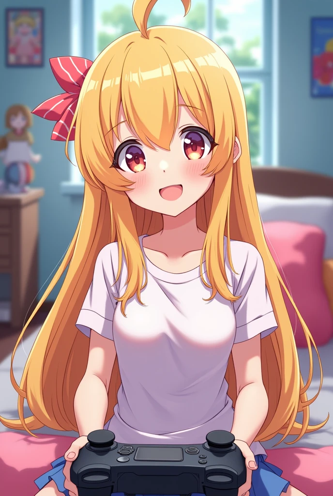 sorry、That was a bad explanation。Draw a girl playing a game in anime style。cute!Yaruyan!but、I like girls with long blonde hair。