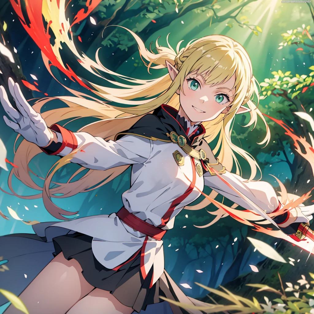 Anime, blonde hair, green eyes, elf, smile, sword, holding sword, white clothes, Red multicolored clothes, solo, Tree Luminous background, black gloves, black cloak, white skirt, miniskirt