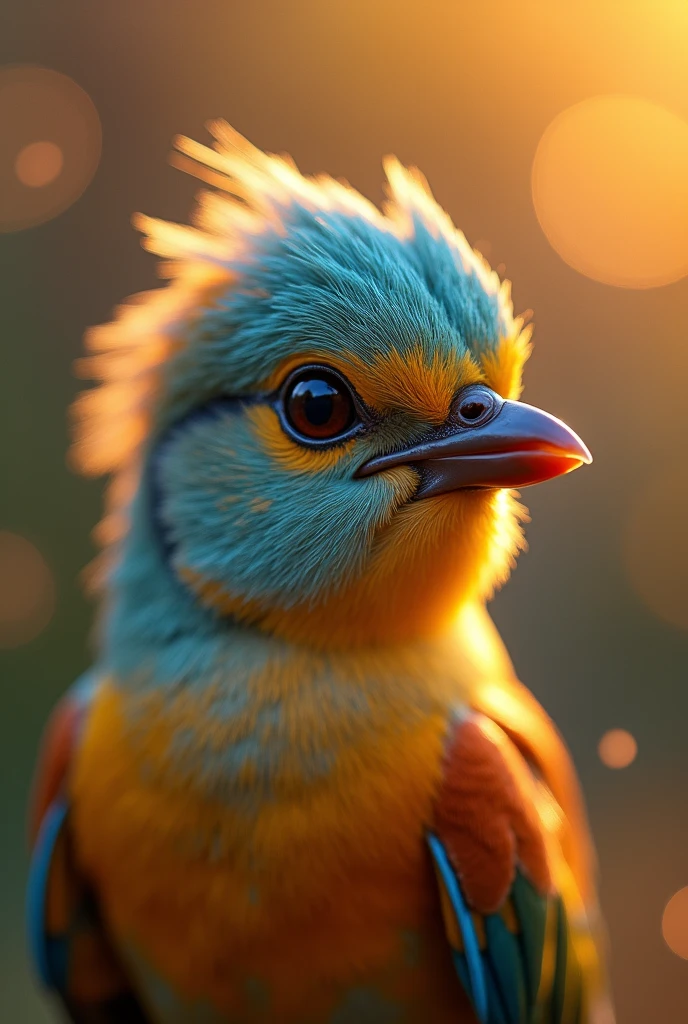 A mesmerizing close-up portrait of a gorgeous little bird illuminated by the soft, golden light of a tranquil morning, with vibrant bokeh balls gently framing its delicate form. 
