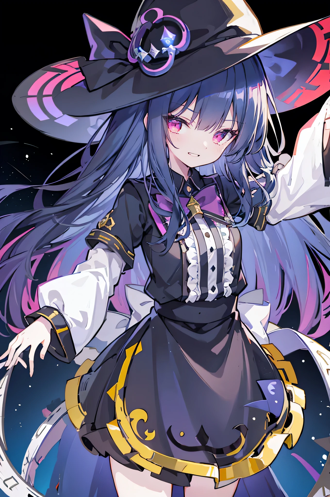 oung Girls,Humanity,A magician always smiles,big witch hat,cute,dark blue long hair,The eyes are dull,The bangs are heavy,Thin eyebrows,fantasy,intake,Double teeth,Star Theme,Constellation pattern,Solid color clothetal decoration,cloak,A bit of a dark atmosphere,A little crazy smile,When the big moon shines outside at night,blood,Hair black star embellishment,Short tie,No nails,High waist skirt,Bell sleeves,Long-sleeved shirt,Black tie,low risk,gentlemen。Mist、Yellow and white effect,Shocking pink as an accent color