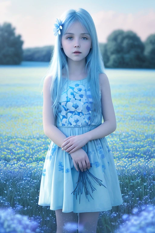 (absurdity, a high resolution, Ultra detailed, uhd, cinematic), One, 1 girl, mature, happy, girl standing in light blue flower field, light blue flower petal surrounding girl, whole body, Girl with blue long hair, light blue hair, Fantasy, Dreamy, snowy, official art, Pop art, profile, Ultra detailed face, Ultra detailed eyes, light blue flower field, Ultra detailed field, WHITE blue sky, Cold, light blue, WHITE, Nebula in the sky, blue tree, watercolor, Pastel color