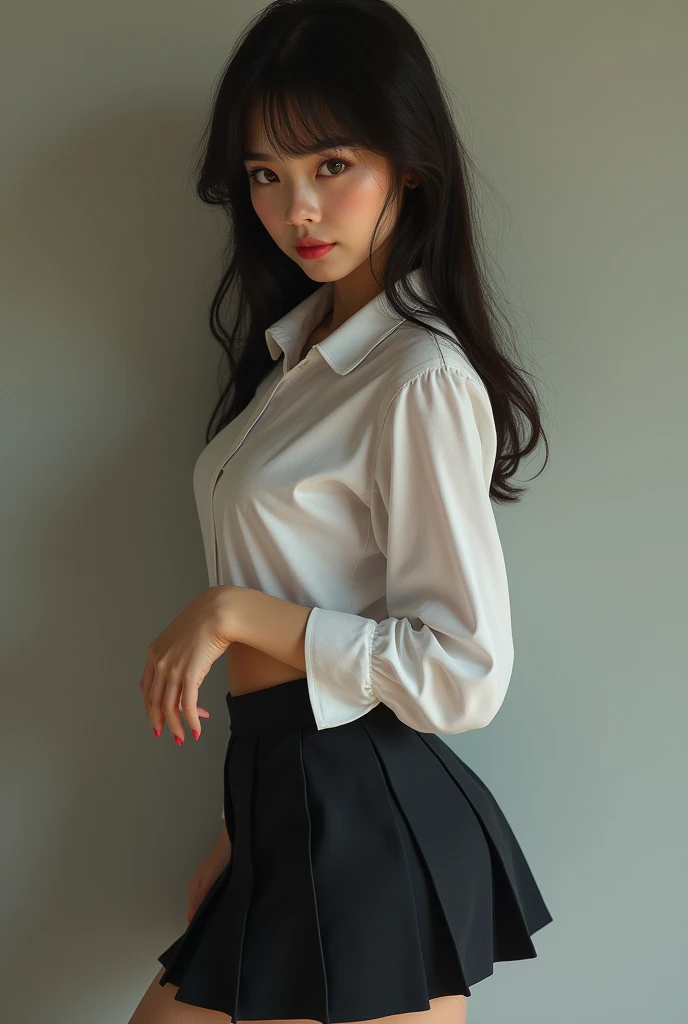 A woman in a Thai school uniform shows off her body.