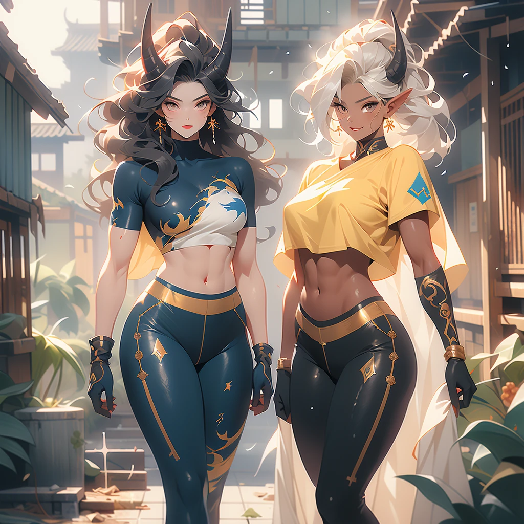 ((best quality)), ((masterpiece)), (detailed), 1 women elf-draconical heavy warrior, 8k_wallpaper, extremely detailed eyes, (large masterpiece digital art), (intricate details:1.3 ), (ultra-detailed:1.3), (sharp focus:1.3), (natural lighting:1.05), (vivid colors:1.3), (best quality:1.4), high quality, expressive eyes, full body, detailed face, beautiful face, perfect face, ((hair sandy white curls)), ((dragon dark horns)), (gold eyes), {{dark skin}}, ({dark skinned female}), big breasts, huge chest, powerful relief muscles of the abdomen and legs, powerful strong muscles of the arms, abdominal piercings, cruel predatory and cold-blooded arrogant look, a predatory smile with many fangs, open kimono of yellow and blue silk, white croptop with transparent wet cloth, under the clothes the clear outlines of large pointed nipples with piercings in the form of crosses appear, torn leather pants, the outlines of a wet vagina are clearly visible, steel gloves, wet, dirty, covered in blood, walking along the road between the houses of a destroyed village, dark cruel fantasy style,