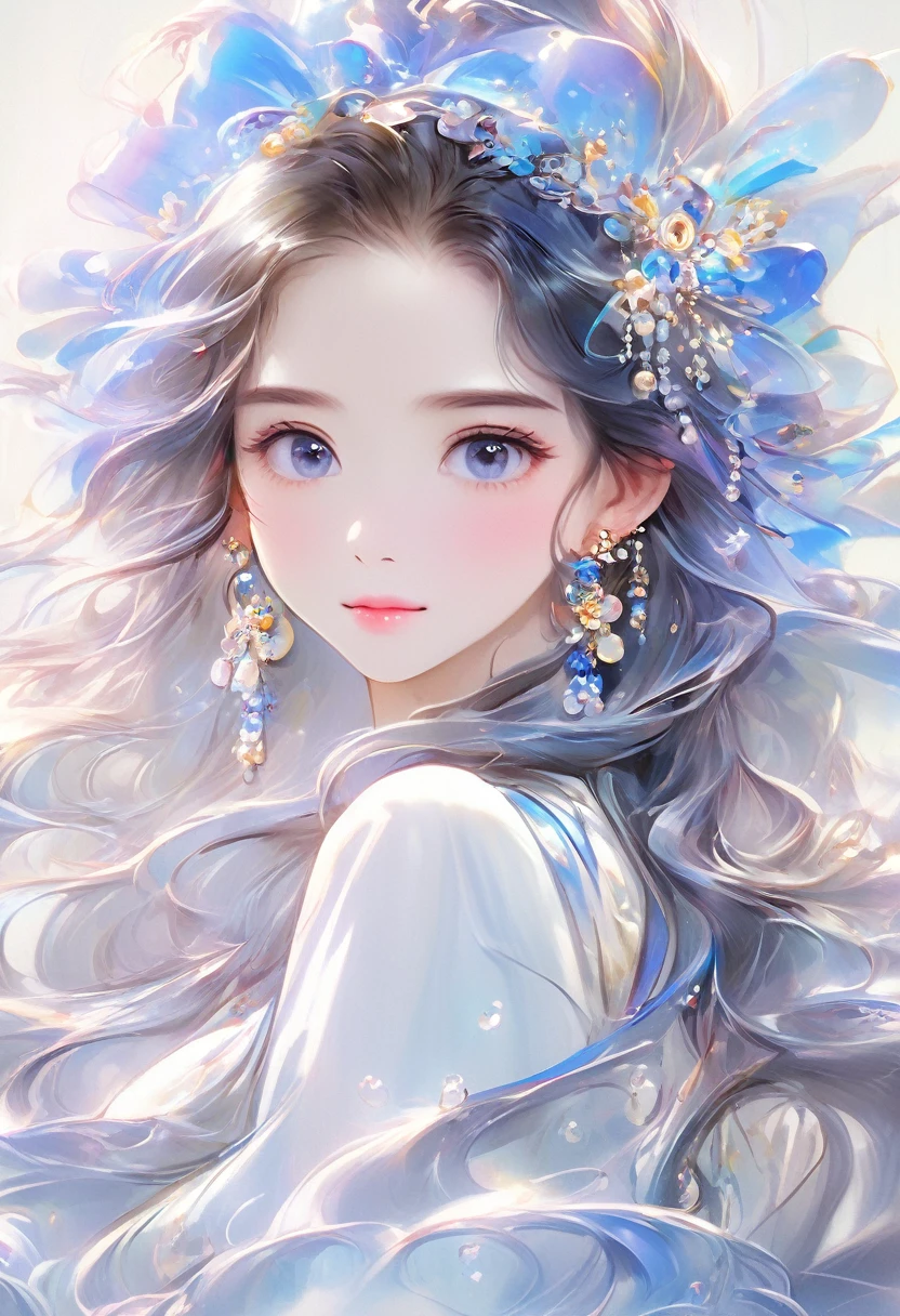 Chinese girl, Sweet and lovely girl, big eyes, illustrations, long hair, braids, fluffy hair, front, film angle, reflective hair, watery eyes, looking at you, facial details, facial focus, masterpiece, best quality, extremely delicate and beautiful, dynamic angle, complex details, beautiful and delicate eyes, delicate face, delicate and clear facial features, tender lips, real, lovely, focus, clear lines, 8k high-resolution, good-looking, smiling, wearing white dress, fashionable and beautiful, depth of field