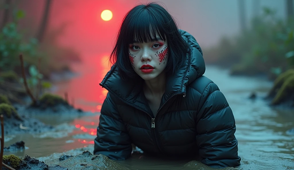 woman, moncler ultra-short sporty collar only down jacket, muddy flared jeans, stuck in mud bog,pale ethnic patterns ritual makeup, cold, red lips, sexy posing, bob haircut, red fog, blue, green, posing, dynamic, sexy despair