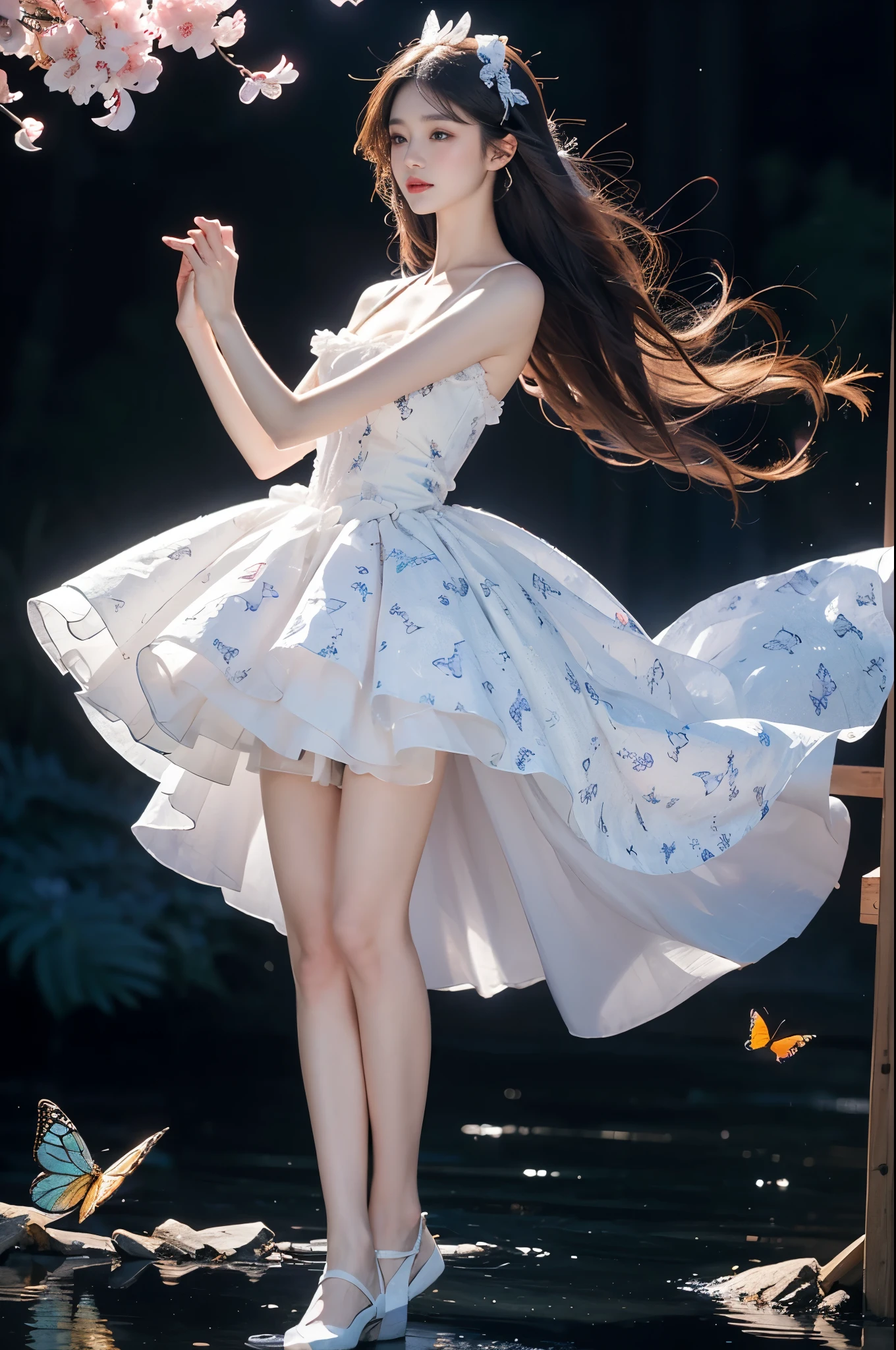 flower_dress, Beautiful dance dynamics , Long legs , Calf((Flowing long hair))Official Art , Unity8k Wallpaper , Extremely detailed , Visible cleavage, Pretty and beautiful , Sexy long legs, masterpiece , best quality ,Practical, Very detailed illustrations ,Extremely detailed , Intricate details , Extremely complex and detailed , Very detailed 8KCG wallpaper , Caustics .reflection , Ray Tracing , Devil Theme ,nebula ,Dark aura, Network Effects , (1 Girl)Solitary , 小蓝Butterfly , Dozens of monarch butterflies around , (Blue plasma flame , (insect , Butterfly)) 圣光Butterfly天使 , Butterfly翅膀 , Pastel tones in Rococo style ,Light white and light dark red , Incredibly beautiful , Cherry blossoms , Surrealism ,painting , Ethereal , Mixing reality and fantasy elements ,Ray Tracing , Complex patterns , Delicate lines , Perfect your hands, Starry Sky , rich and colorful , Star