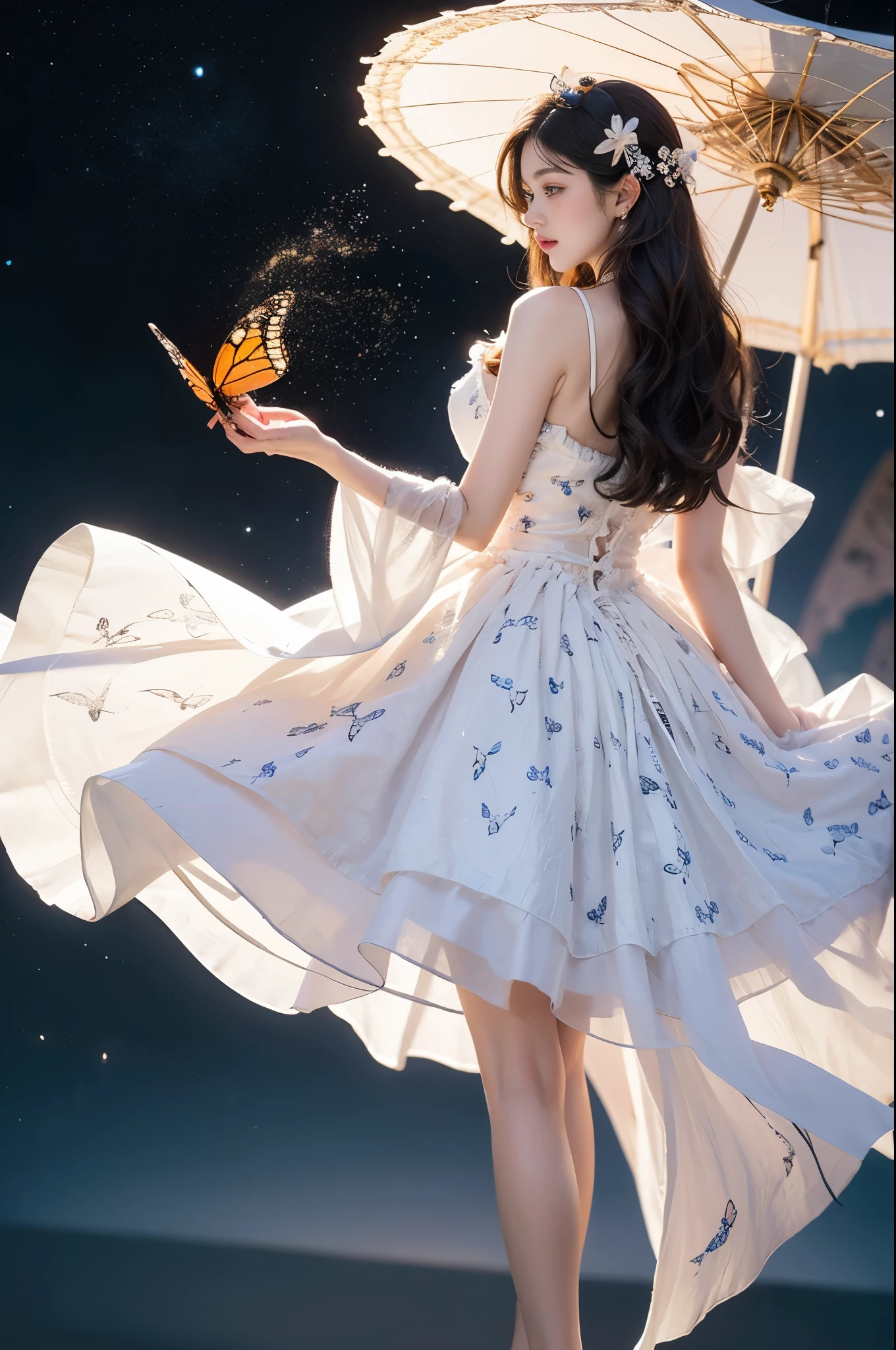 flower_dress, Beautiful dance dynamics , Long legs , Calf((Flowing long hair))Official Art , Unity8k Wallpaper , Extremely detailed , Visible cleavage, Pretty and beautiful , Sexy long legs, masterpiece , best quality ,Practical, Very detailed illustrations ,Extremely detailed , Intricate details , Extremely complex and detailed , Very detailed 8KCG wallpaper , Caustics .reflection , Ray Tracing , Devil Theme ,nebula ,Dark aura, Network Effects , (1 Girl)Solitary , 小蓝Butterfly , Dozens of monarch butterflies around , (Blue plasma flame , (insect , Butterfly)) 圣光Butterfly天使 , Butterfly翅膀 , Pastel tones in Rococo style ,Light white and light dark red , Incredibly beautiful , Cherry blossoms , Surrealism ,painting , Ethereal , Mixing reality and fantasy elements ,Ray Tracing , Complex patterns , Delicate lines , Perfect your hands, Starry Sky , rich and colorful , Star