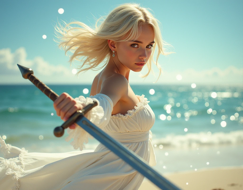 (masterpiece), ((highest quality)), (super detailed), ((very delicate and beautiful)), (incredibly absurd))), (perfect body))), 1 girl, glowing white particles, fighting, holding_sword, blonde bob, red eyes, seventeen years old, outdoor, sky, aura full body, big, white tattered dress, bare shoulders, small smile, sea + background, wind, perfect hands, hand details, modified fingers. Earrings, looking_at_viewer, cowboy shots, rich detail, perfect image quality