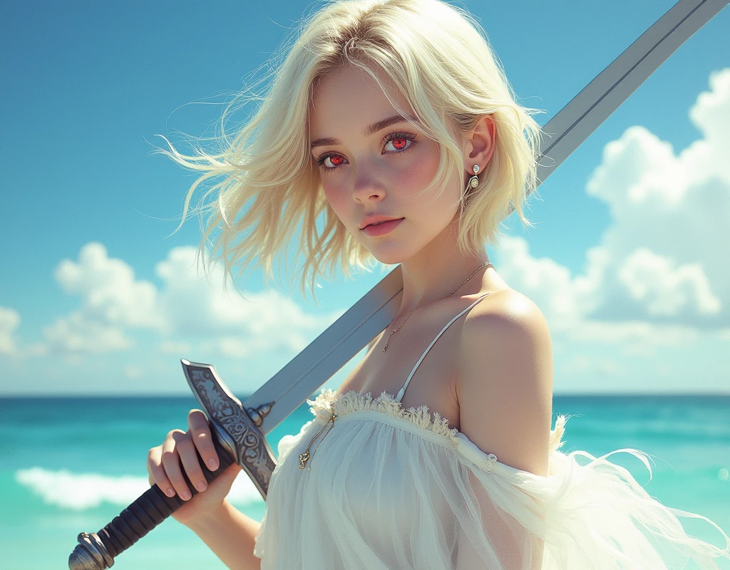 (masterpiece), ((highest quality)), (super detailed), ((very delicate and beautiful)), (incredibly absurd))), (perfect body))), 1 girl, glowing white particles, fighting, holding_sword, blonde bob, red eyes, seventeen years old, outdoor, sky, aura full body, big, white tattered dress, bare shoulders, small smile, sea + background, wind, perfect hands, hand details, modified fingers. Earrings, looking_at_viewer, cowboy shots, rich detail, perfect image quality