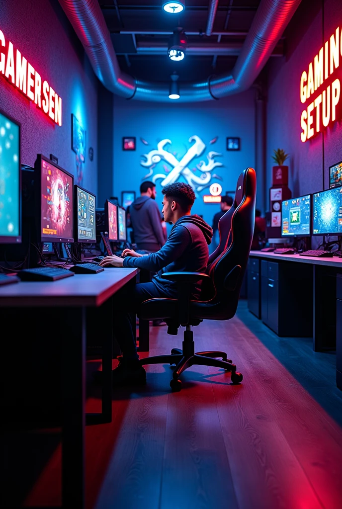 Computer store , wall sticker mention as GAMERS ARSENAL, GAMING SETUPS IN RIGHT CORNER , psu 5 and seat set in right corner