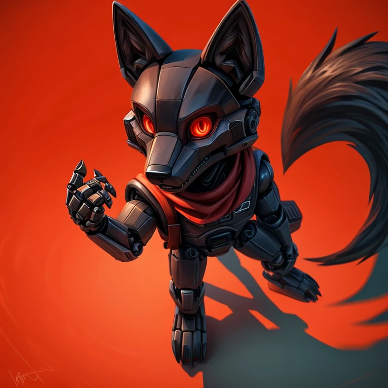 Black Robot Male muscular anthro wolf, standing, left feet standing higher on a dark black stone, left hand holding a picaxe, right hand holding a dark black rock on the dark black wall to climb, sharp predatory glowing orange eyes sith red pupil in the middle and black sharp line in the middle of red pupil, eyes looking at the viewer, wearing white scarf on the neck, wearing big eyeglasses on his head, black wolf ears behind eyeglasses, wearing brown backpack, black wolf tail under backpack and behind body, detailed perfect 4k art, high quality 4k art, detailed black wolf robot face, perfect light, perfect shadow,  detailed perfect wolf robot tail with perfect light and shadow, red background, detailed environment