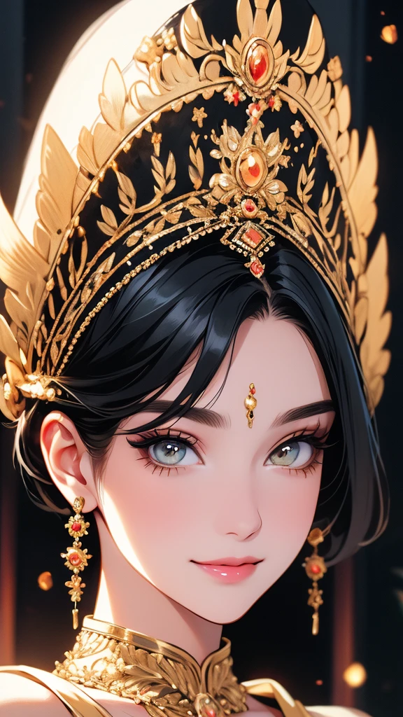 A cute girl,beautiful detailed eyes,beautiful detailed lips, black hair, short hair, yellow eyes, off-solder beautiful dress, extremely detailed eyes and face,long eyelashes, illustration, ultra-detailed, best quality, 4k, 8k, highres, masterpiece:1.2,ultra-fine painting,sharp focus,professional,vivid colors,portraits, noughty smile.