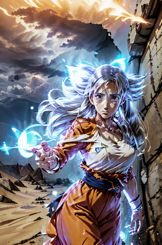 8k, Best Quality, masterpiece, Victoria Villarruel dressed as Goku, 1 girl, ultra_instinct, white_hair, glowing aura, bright white long hair, floating hair raised, bright silver eyes, slim with wide hips, serious mocking expression. outdoor, clearing, plain, desert.