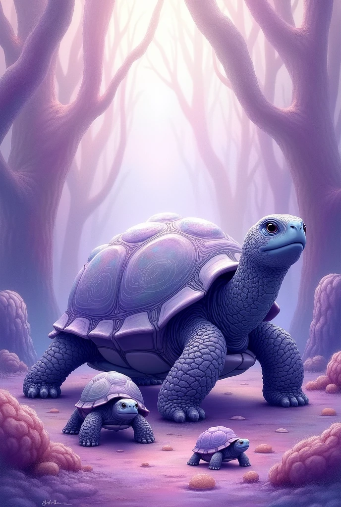 Ube land turtle, ube large land turtle and a mother turtle painted in watercolor