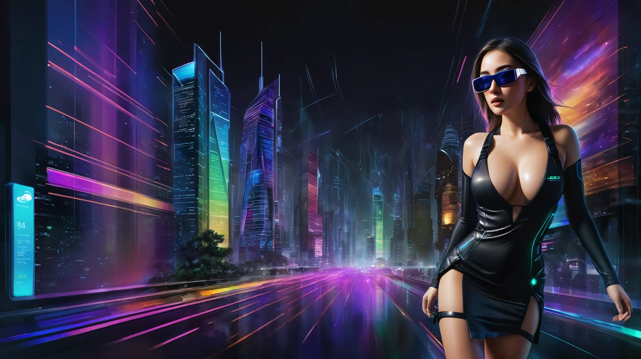 outline background. Estilo: arte conceitual. A cena: Futuristic cityscapes with colorful all-glass towering skyscrapers and sleek aerodynamic vehicles speeding through the air. High-resolution OLED GUI interfaces in the building, The windows are filled with transparent data visualization infographics that show it all, from weather patterns to traffic flow, Matrix cascading code. Colors are saturated and vibrant, com rosas e roxos quentes dominando o horizonte. Adobe Photoshop zoom blur effect background. Matrix style, at night, (1girl, solo), photo realistic, medium-breast:1.3 slim body, cleavage, sling top, miniskirt, (matrix style black sunglasses, holding a short gun), half-body thigh level medium shot, cinematic lighting, ray tracing.