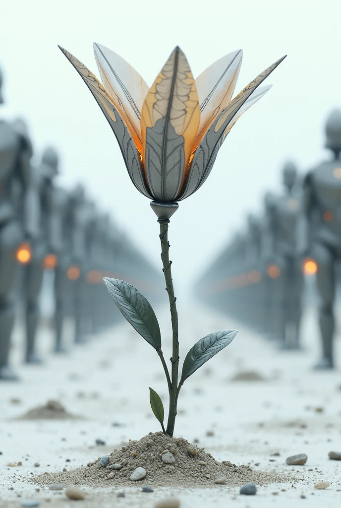 generate an image for me of a slightly robotic flower reborn from the dirt floor and in the background it looks like a type of robot army and the ground looks white like a type of futuristic color