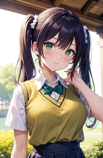 nozomitoujou, nozomi toujou, (green eyes:1.5), purple hair, twintails, low twintails, scrunchie, long hair, (large breast:1.2),
BREAK otonokizaka , pleated skirt, , short sleeves, skirt, summer uniform, sweater vest, yellow sweater vest,
BREAK looking at viewer,
BREAK outdoors, shrine,
BREAK (masterpiece:1.2), best quality, high resolution, unity 8k wallpaper, (illustration:0.8), (beautiful detailed eyes:1.6), extremely detailed face, perfect lighting, extremely detailed CG, (perfect hands, perfect anatomy),