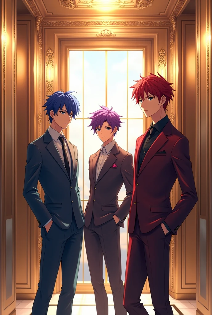 3 hot anime boys in a big wide lavish elevator 